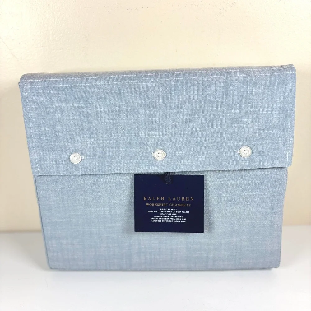 Ralph Lauren Workshirt Chambray King Flat Sheet Blue 100%Cotton NEW $245 Online!